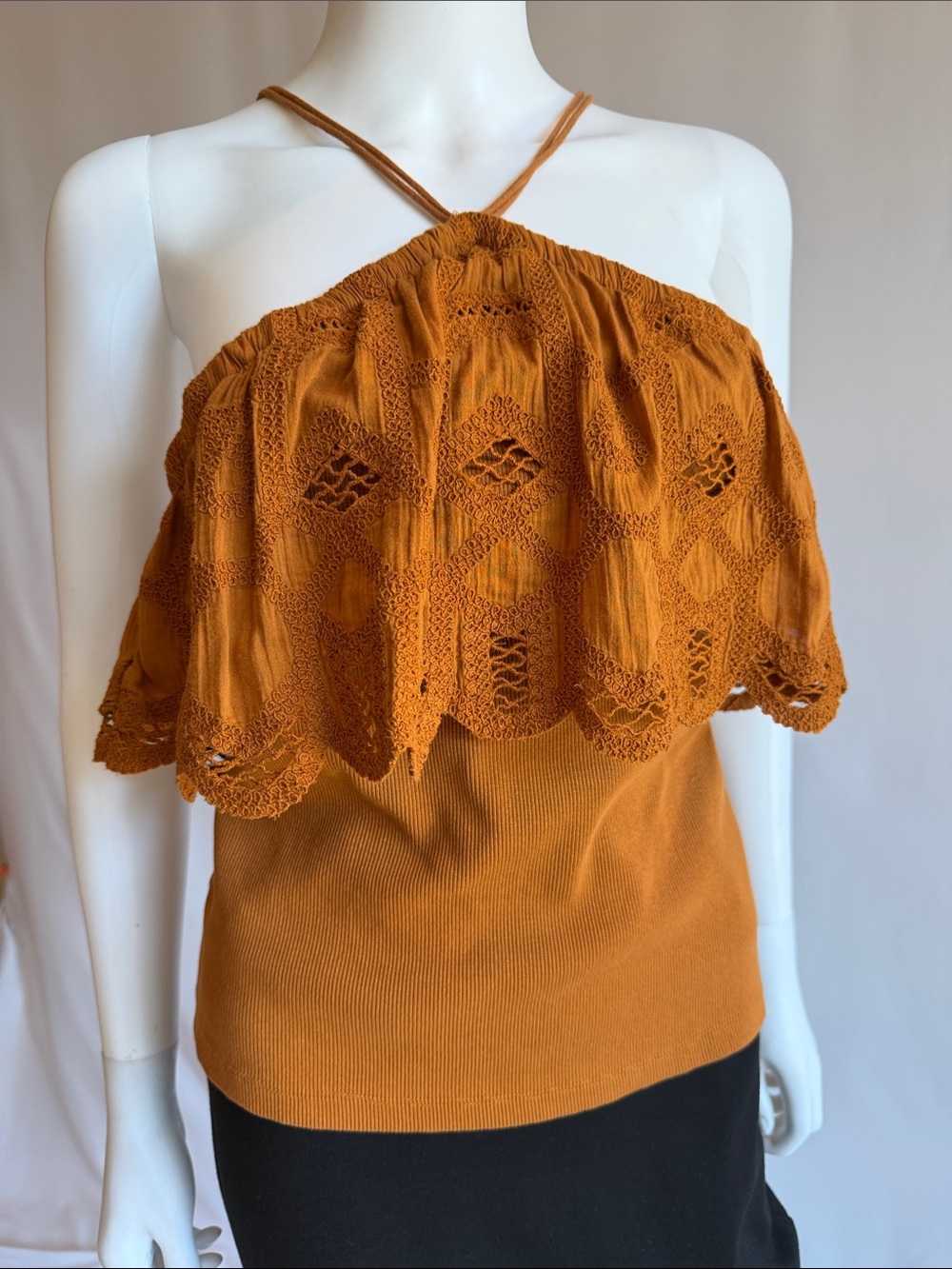 Anthropologie Crochet Overlay Halter Tank in Rust
